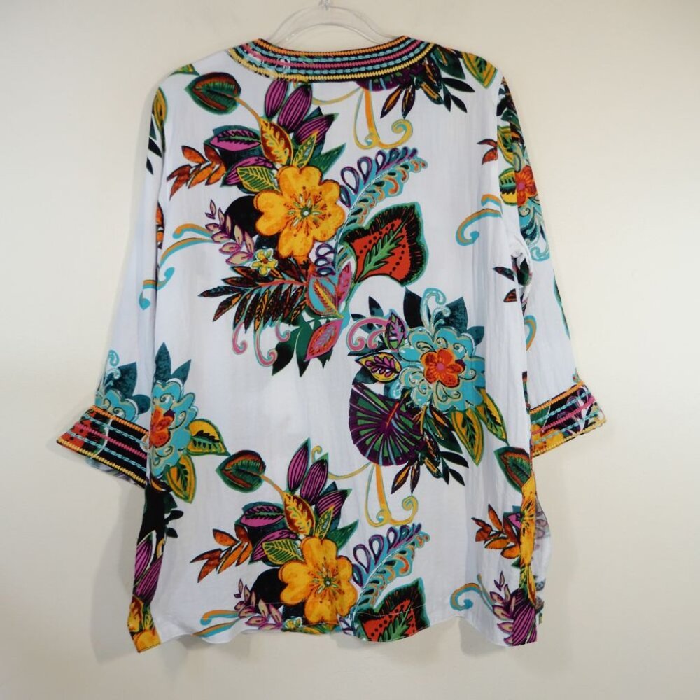John Mark Tunic Top Size M Embroidered Tropical Floral Split V-Neck NEW $119 - Picture 8 of 11